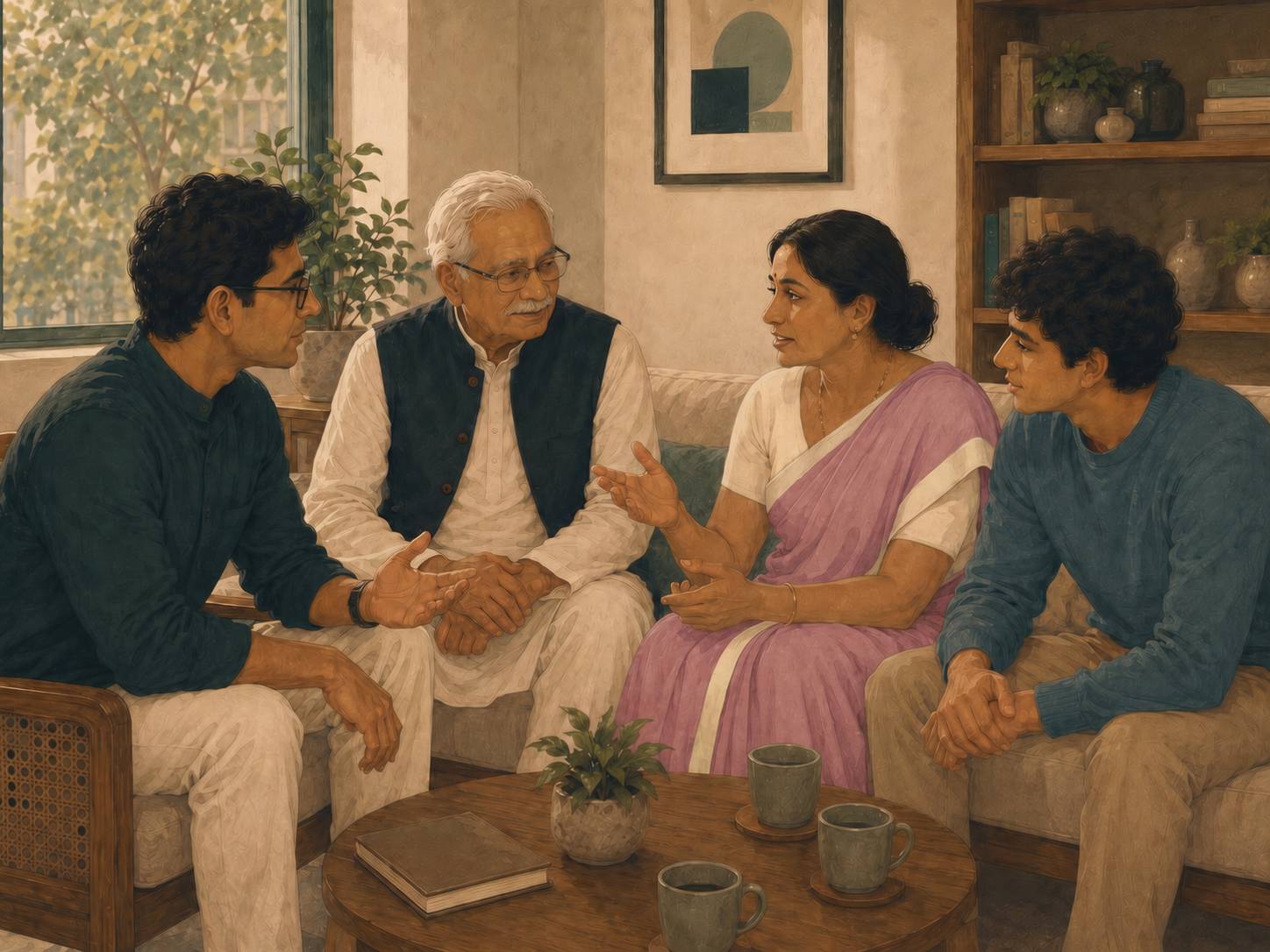 A family advisor at home with the family — listening, over chai, across generations