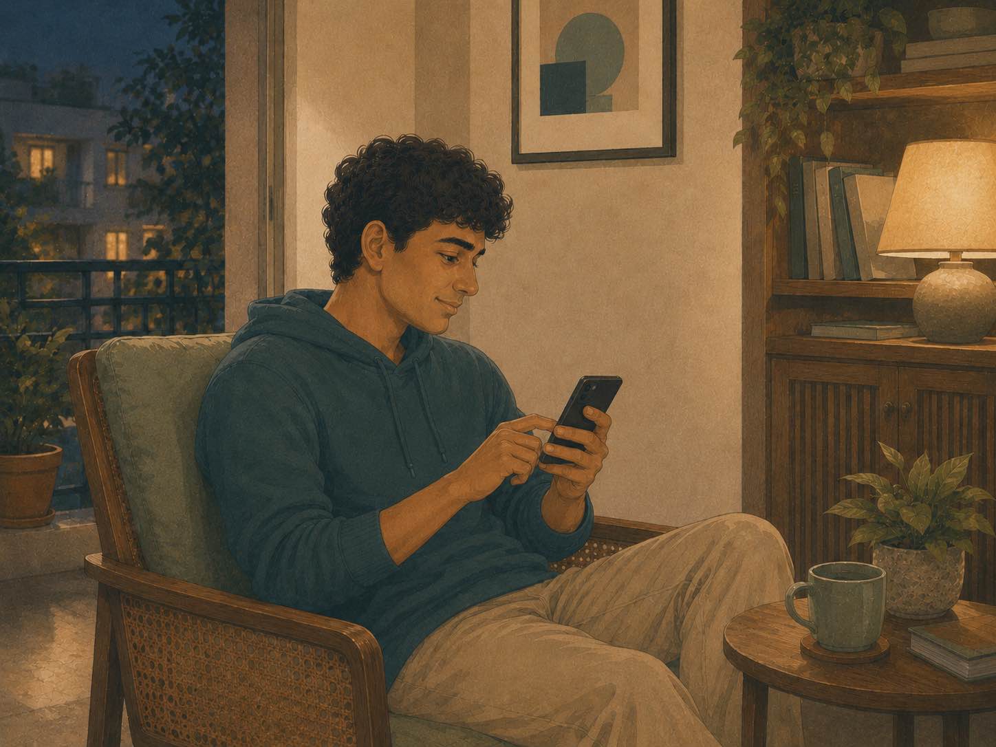 A young investor managing everything himself on his phone, late at night